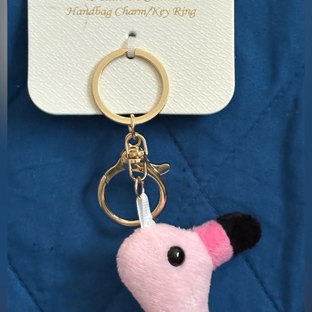 Natasha Couture Fluffy Pink Flamingo Faux Pearl Necklace Handbag Charm Key Chain